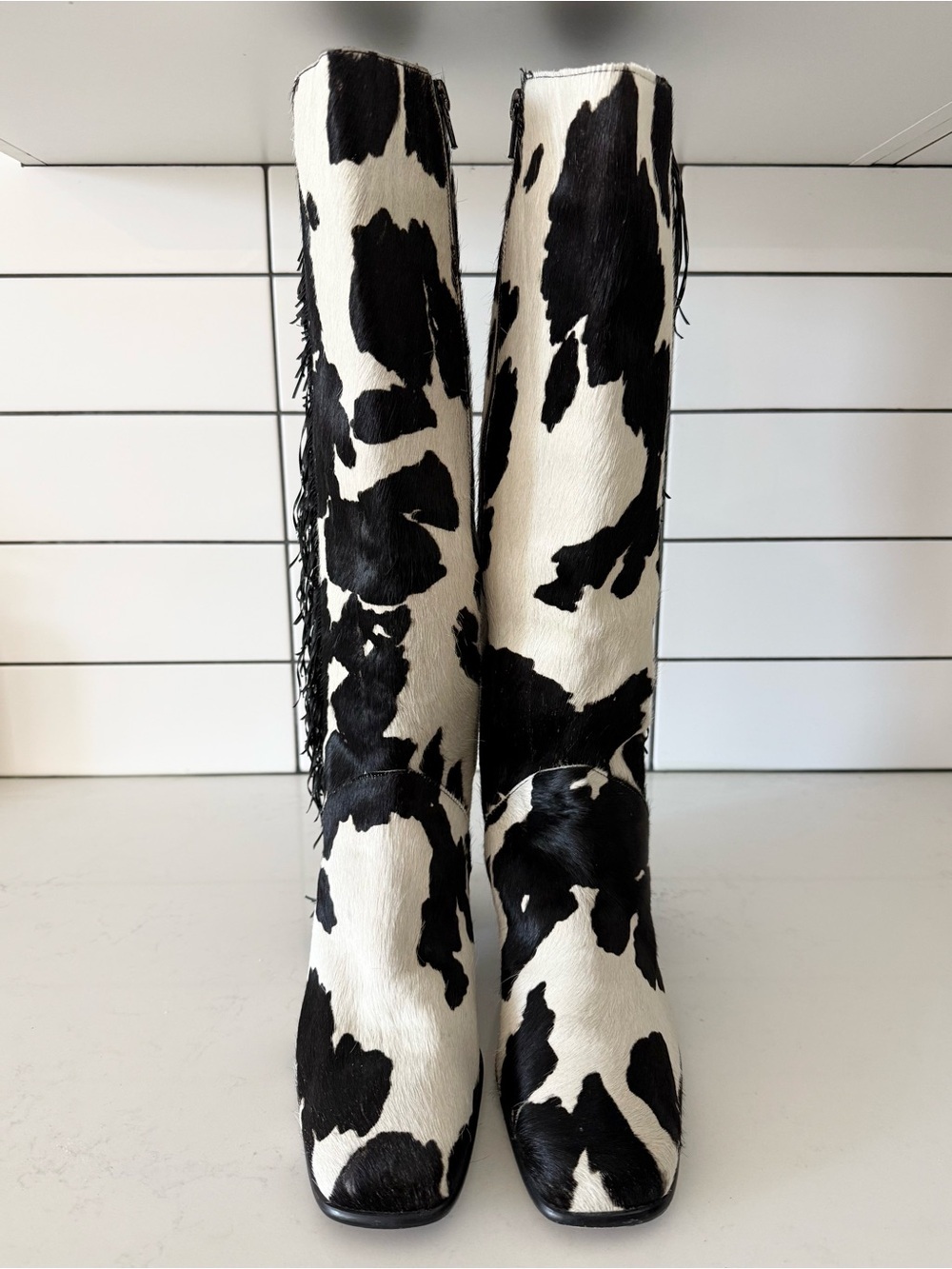 Vintage 90s Studio Delman Cow Print Calf Hair Fringe Tall Boots - US 8.5 *RARE* - Picture 6 of 11